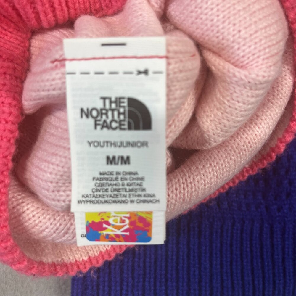 North Face Beanie Kids Medium Blue Pink Colorblock - Picture 2 of 7